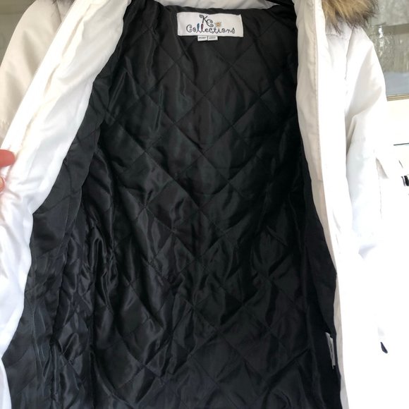 Girls White Puffy Coat with Fur on Hood - Picture 2 of 7